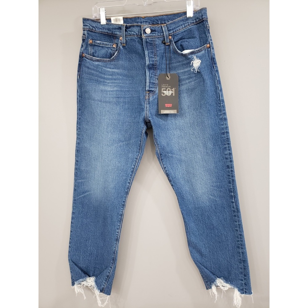 NEW Levi's Premium 501 Women's 32x26 Cropped distressed Raw Hem Denim Blue Jeans